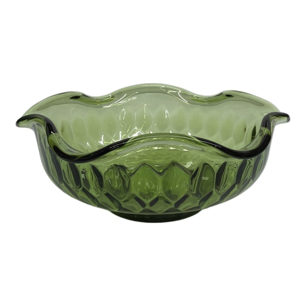Indiana Glass Avocado Green Scallop Diamond Salad Bowl Set 6 EUC